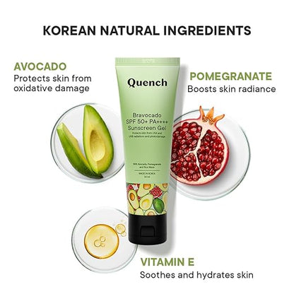 QUENCH Bravocado Sunscreen SPF 50+ PA++++| Korean Sunscreen with Vitamin E & Avocado for Glowing Skin| No White Cast| Lightweight & Non-Sticky| UVA & UVB Protection| For Women & Men (50ml)