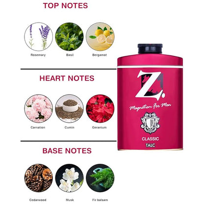Z Magnetism Classic Deodorizing Talcum Powder for Men | Signature Woody & Musky Fragrance 100gm