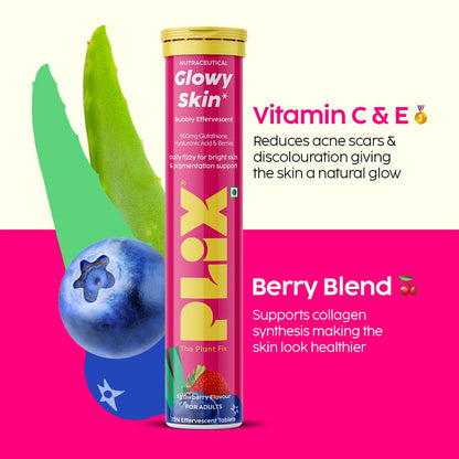 Plix Glutathione Effervescent Tablets for Clear, Glowing & Youthful Skin | 500mg Glutathione, Vit E & Hyaluronic Acid | No Maltodextrin, No Sugar | Pack of 2 (30 tabs) | Strawberry