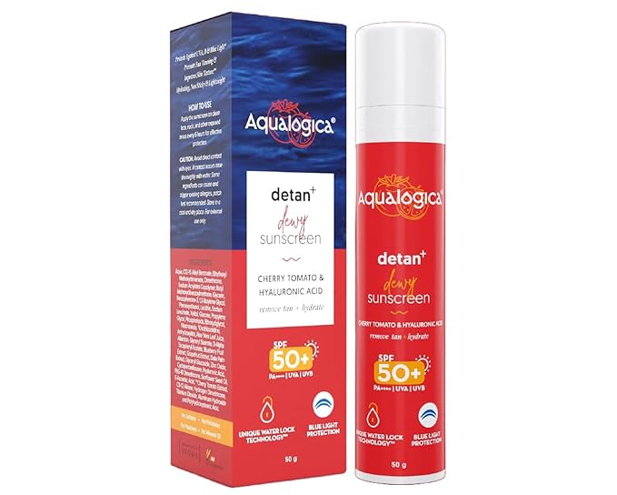 Aqualogica Detan+ Dewy Lightweight Sunscreen with SPF 50+ & PA++++ for UVA/B & Blue Light Protection | Normal, Sensitive & Dry Skin | Tan Removal & No White Cast for Men & Women - 50g