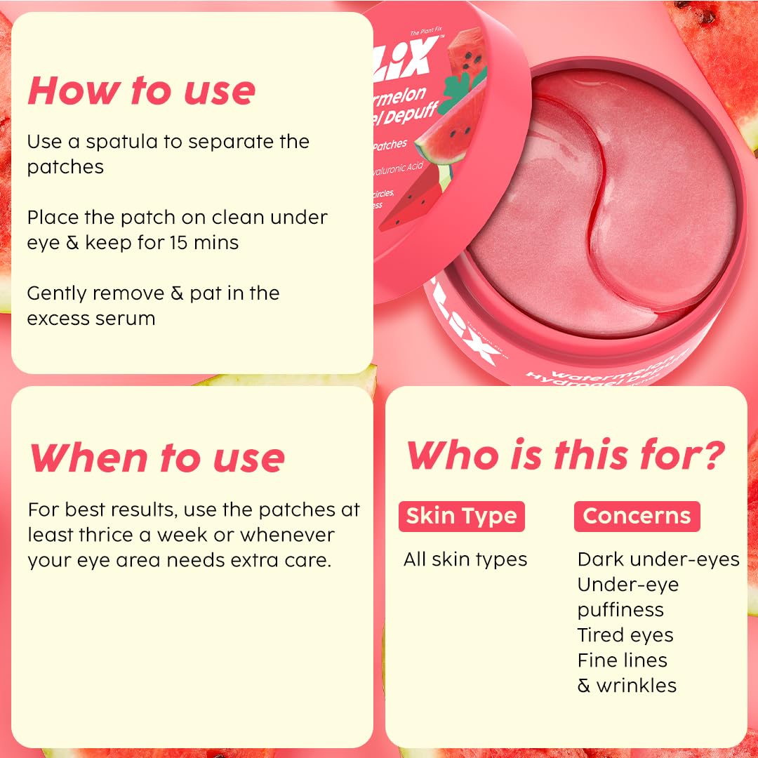 Plix Watermelon Hydrogel Under Eye Patches for Dark Circles & Puffiness Reduction | Caffeine & Hyaluronic Acid | Eye Patches | Instantly Hydrates & Cools | 60 Patches