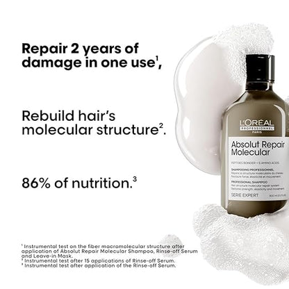 L'Oréal Professionnel Absolut Repair Molecular Sulfate-Free Deep Repairing Shampoo for Damaged Hair - 300 ml | Repairs Very Damaged Hair and Restores Strength With 2% Peptides Bonder & 5 Amino Acids