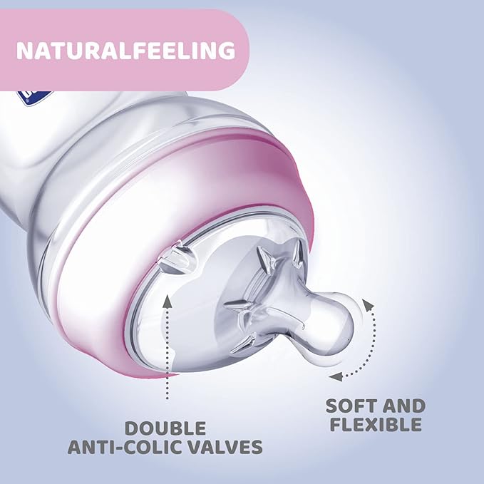 Chicco Natural Feeling Feeding Bottle for Babies, 150ml (0+ Months)|Mother Breast Like teats| Soft Silicon, Anti-Colic Teat | Angled Teat Suitable for Newborns | with Anti-Drip Cap | BPA Free (Pink)