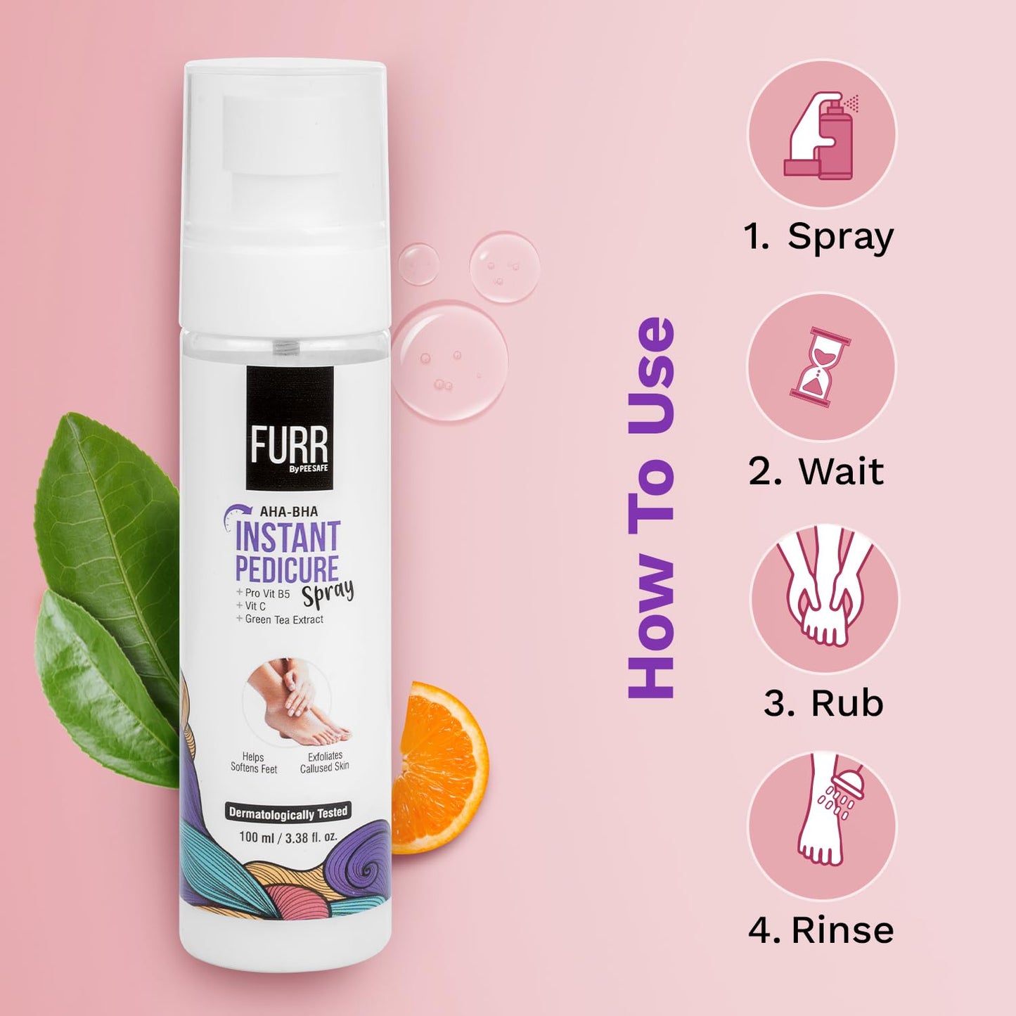 Furr Instant Pedicure Spray with AHA BHA, 2% Salicylic Acid | Salon-like Pedicure in 30 Seconds | With Vitamic C & Alpha-Arbutin for Smooth, Soft & Radiant Feet | Callus Remover Spray | Foot Scrubber | 100 ml