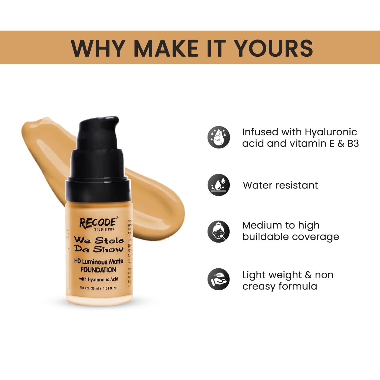 Recode HD Luminous Matte Foundation 30 ML | 06 | JAMBUDVIPA