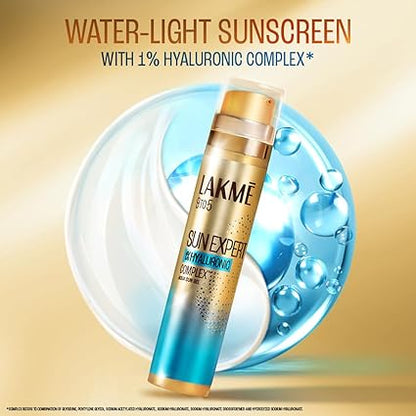 Lakme Sun Expert 1% Hyaluronic Sunscreen, SPF 50 PA+++ for UVA/B, No white cast, for hydrated skin