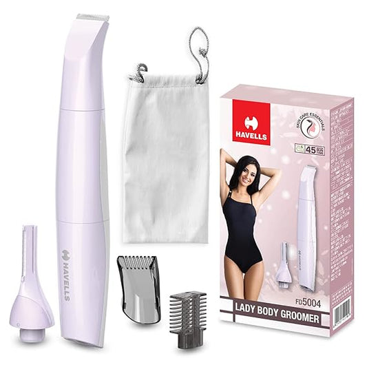 Havells FD5004 4-in-1 Lady Body Groomer - Bikini & Eyebrow Trimmer with Protective Combs, Rechargeable, Comes wth Pouch (Purple)
