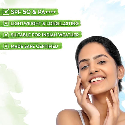Mamaearth Ultra Light Indian Sunscreen with Carrot Seed & Turmeric | SPF 50 PA ++++ | UVA & UVB Protection | Tan Protection | No White Cast | Non-Greasy 80gm