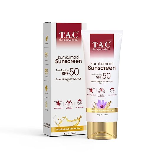 TAC - The Ayurveda Co. Kumkumadi Sunscreen Ultra Light SPF 50 with UVA/UVB PA+++, for Sun Protection, Dull & Dry Skin, All Skin Types, 50gm