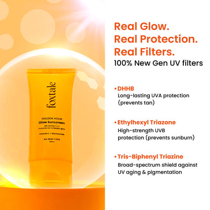 Foxtale Glow Sunscreen SPF 50 PA++++ with Vitamin C & Niacinamide, In-Vivo Tested, Sensitive-Skin Friendly, Made with 100% New-Gen Filters & EU Approved, Lightweight, Non-Greasy, No White Cast 50ml