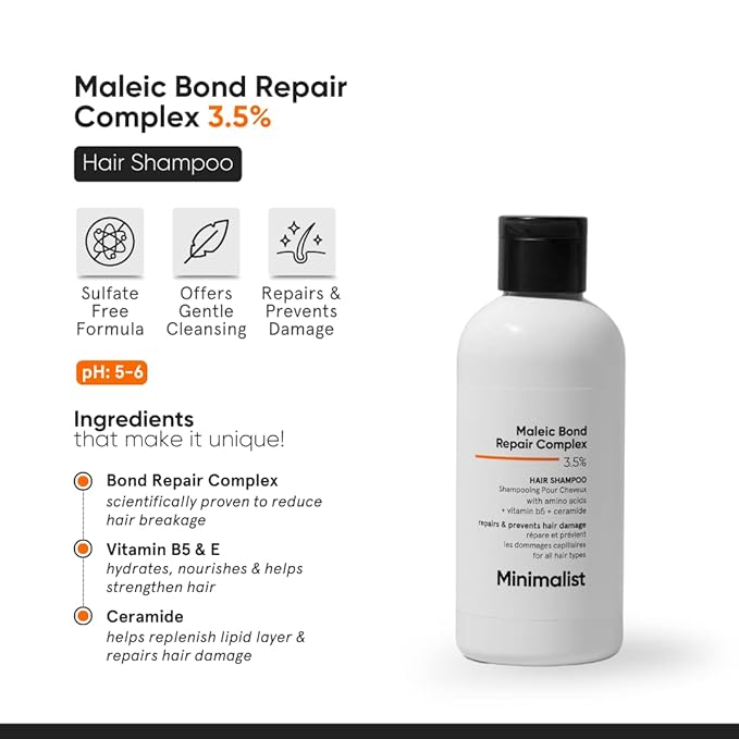 Minimalist Bond Repair Shampoo For Damaged, Dry & Frizzy Hair, Maleic Bond Repair Complex 3.5% With Patented Technology, Sulphate & Paraben Free Shampoo 250ml