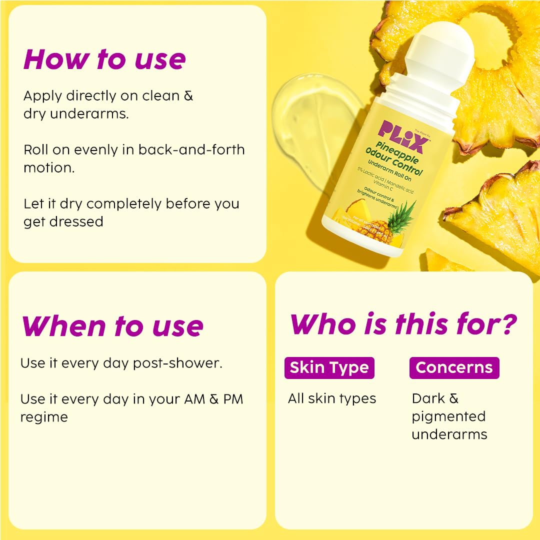The Plant Fix Plix Pineapple Odour Control Underarm Roll-On (50Ml) With 5% Lactic Acid & 1% Mandelic Acid, Prevents Body Smell, Brightens Skin & Exfoliates Underarm, Alcohol Free - Lotion