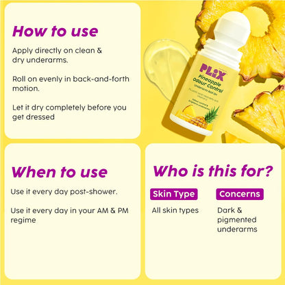 The Plant Fix Plix Pineapple Odour Control Underarm Roll-On (50Ml) With 5% Lactic Acid & 1% Mandelic Acid, Prevents Body Smell, Brightens Skin & Exfoliates Underarm, Alcohol Free - Lotion