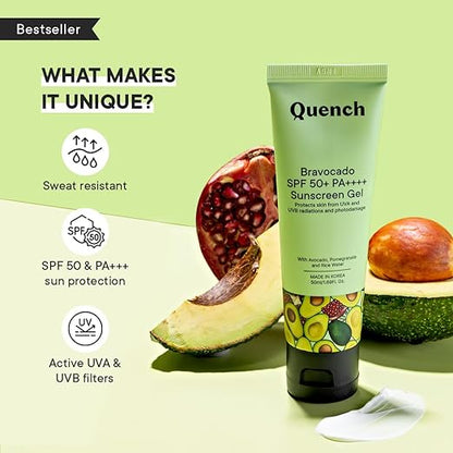 QUENCH Bravocado Sunscreen SPF 50+ PA++++| Korean Sunscreen with Vitamin E & Avocado for Glowing Skin| No White Cast| Lightweight & Non-Sticky| UVA & UVB Protection| For Women & Men (50ml)