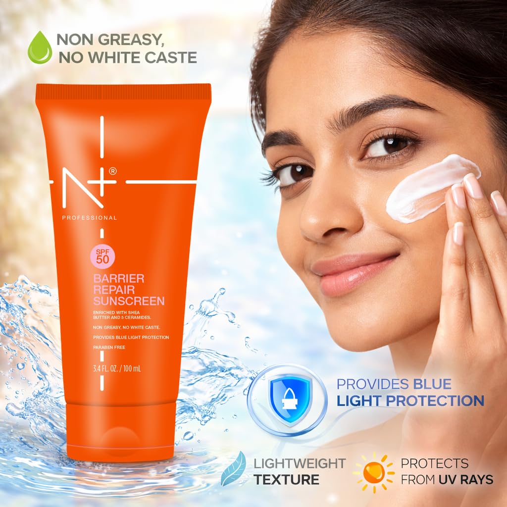N+ SPF 50 Barrier Repair Sunscreen Cream | Shea Butter & 5 Ceramides| Blue light protection