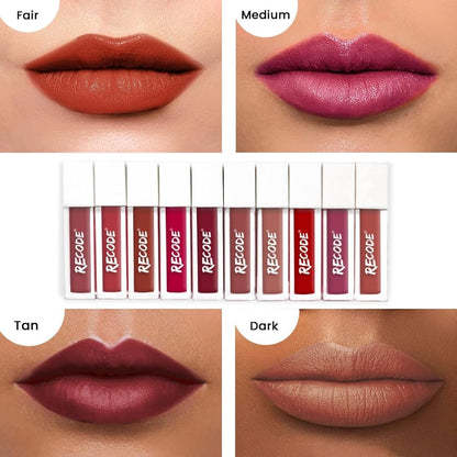 Recode Silky Matte Liquid Lipstick Combo -Smudge-Proof Transfer-Proof Long lasting Pack of 10 Mini Liquid Lipsticks