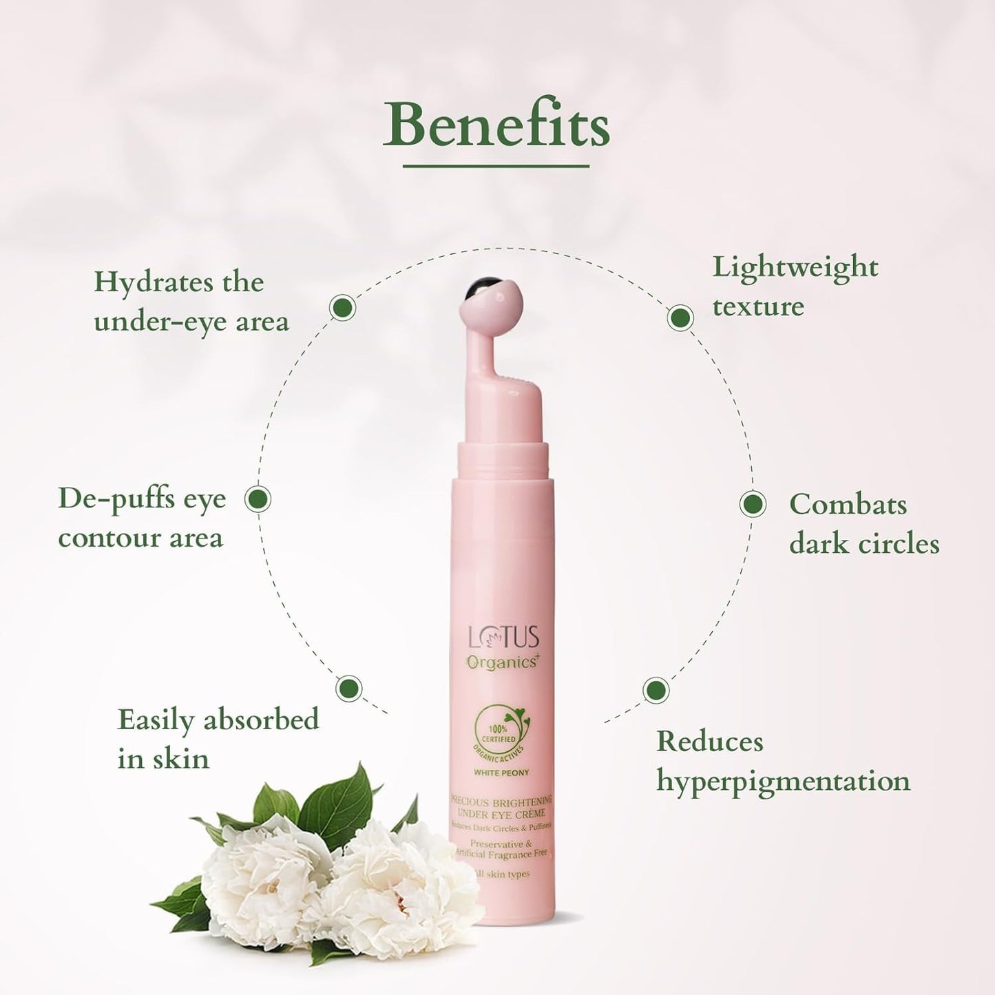 Lotus Organics+ Lotus organic + Precious Brightening Under Eye Cream | 100% Organic White Peony | Sulphate & Paraben Free 15g