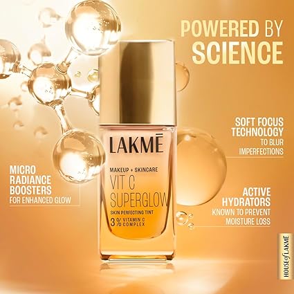 LAKMÉ Makeup+Skincare VitC Superglow Skin Perfecting Medium Liquid Tint, Warm Natural W180