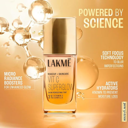 LAKMÉ Makeup+Skincare Vit C Superglow Skin Perfecting Natural Liquid Tint, Medium Coverage, Neutral Almon N340