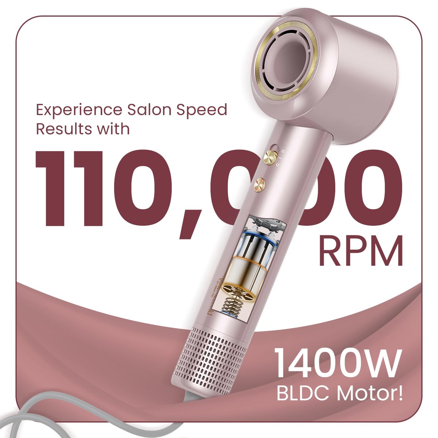 MakeMeebold Make Mee Bold Swift High-Speed Hair Dryer | 110,000 RPM Motor | 3X Faster Drying | 4 Modes with AI Smart Heat Control | Lightweight & Quiet Hair Dryer with Magnetic Concentrator