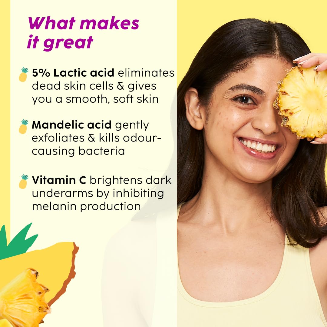 The Plant Fix Plix Pineapple Odour Control Underarm Roll-On (50Ml) With 5% Lactic Acid & 1% Mandelic Acid, Prevents Body Smell, Brightens Skin & Exfoliates Underarm, Alcohol Free - Lotion