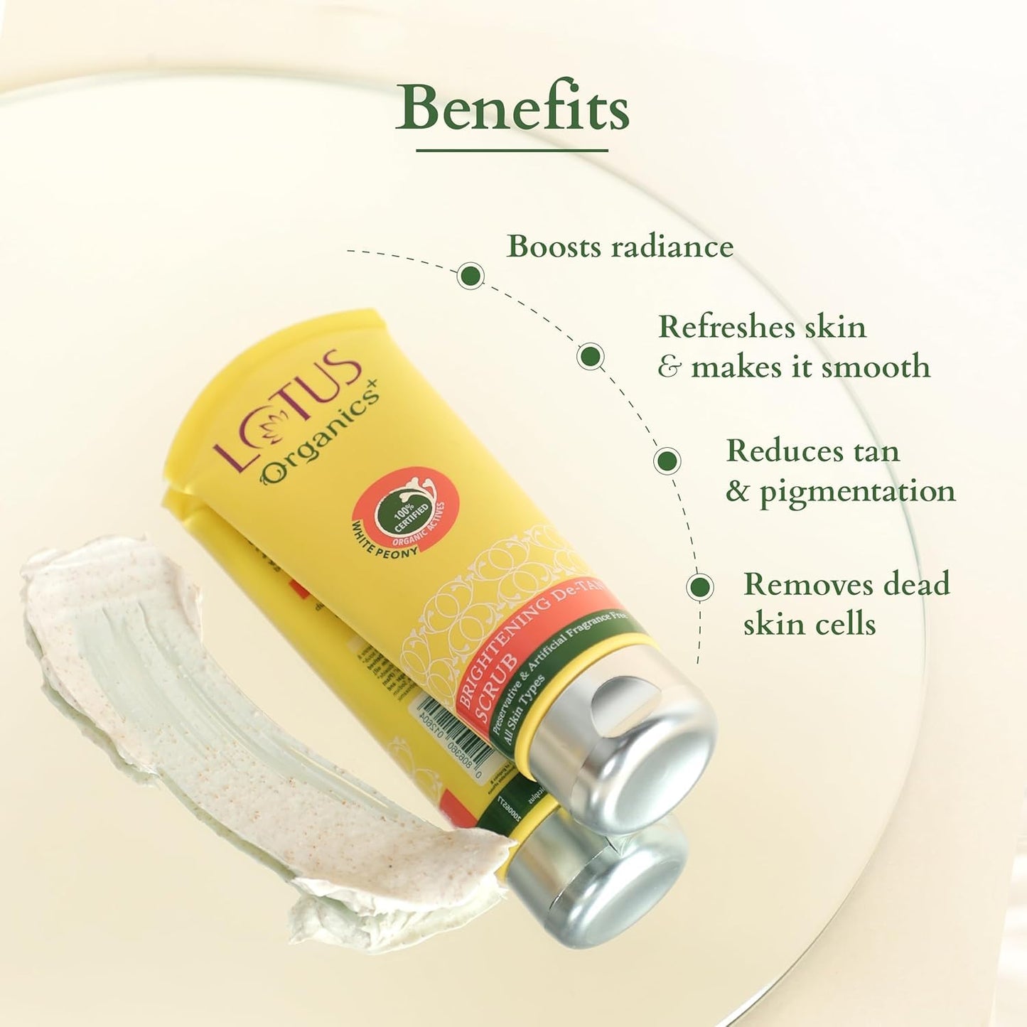 Lotus Organics+ De-Tan Face Scrub | With 100% Certified Organic White Peonies | Reduce Tanning | Combats Sun Damage | Removes Blackheads, Whiteheads & Pigmentation