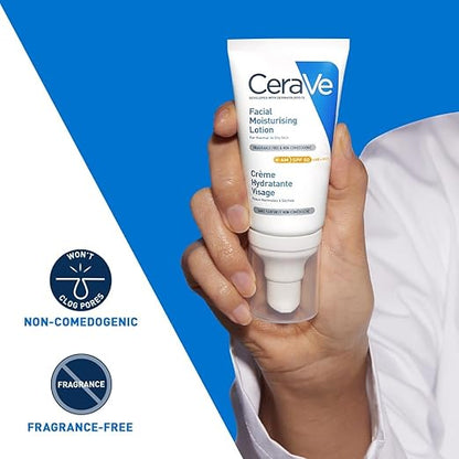 CeraVe AM Facial Moisturizing Lotion for Normal to Dry Skin, Sunscreen SPF 50, with Ceramides, Niacinamide & Hyaluronic acid 52ml