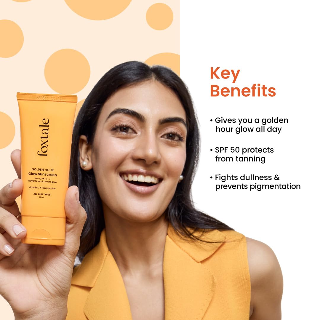 Foxtale Glow Sunscreen SPF 50 PA++++ with Vitamin C & Niacinamide, In-Vivo Tested, Sensitive-Skin Friendly, Made with 100% New-Gen Filters & EU Approved, Lightweight, Non-Greasy, No White Cast 50ml
