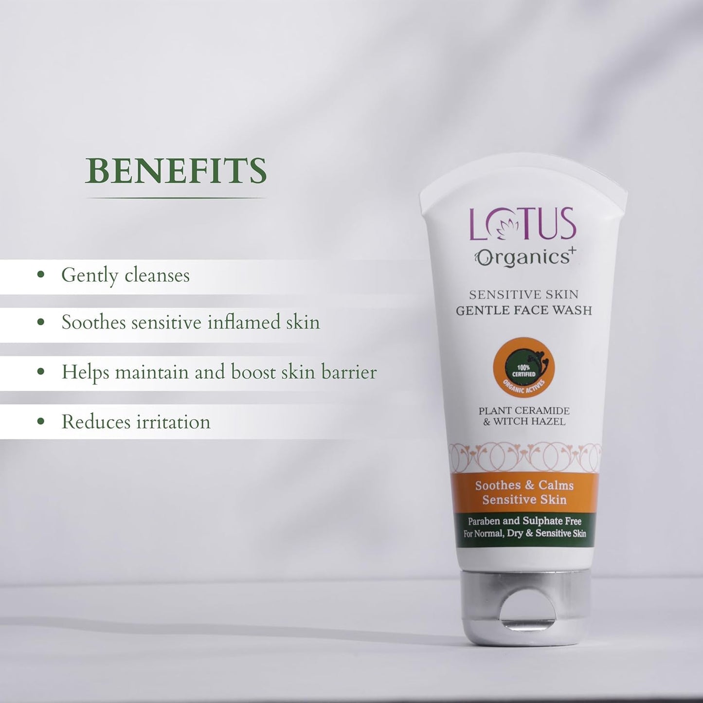 Lotus Organics+ Sensitive Skin Gentle Face Wash for Women & Men | 100% Certified Organic Witch Hazel & Plant Ceramides | Soothes Sensitive Skin | Protects Skin Barrier 80gm