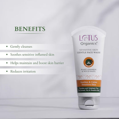 Lotus Organics+ Sensitive Skin Gentle Face Wash for Women & Men | 100% Certified Organic Witch Hazel & Plant Ceramides | Soothes Sensitive Skin | Protects Skin Barrier 80gm