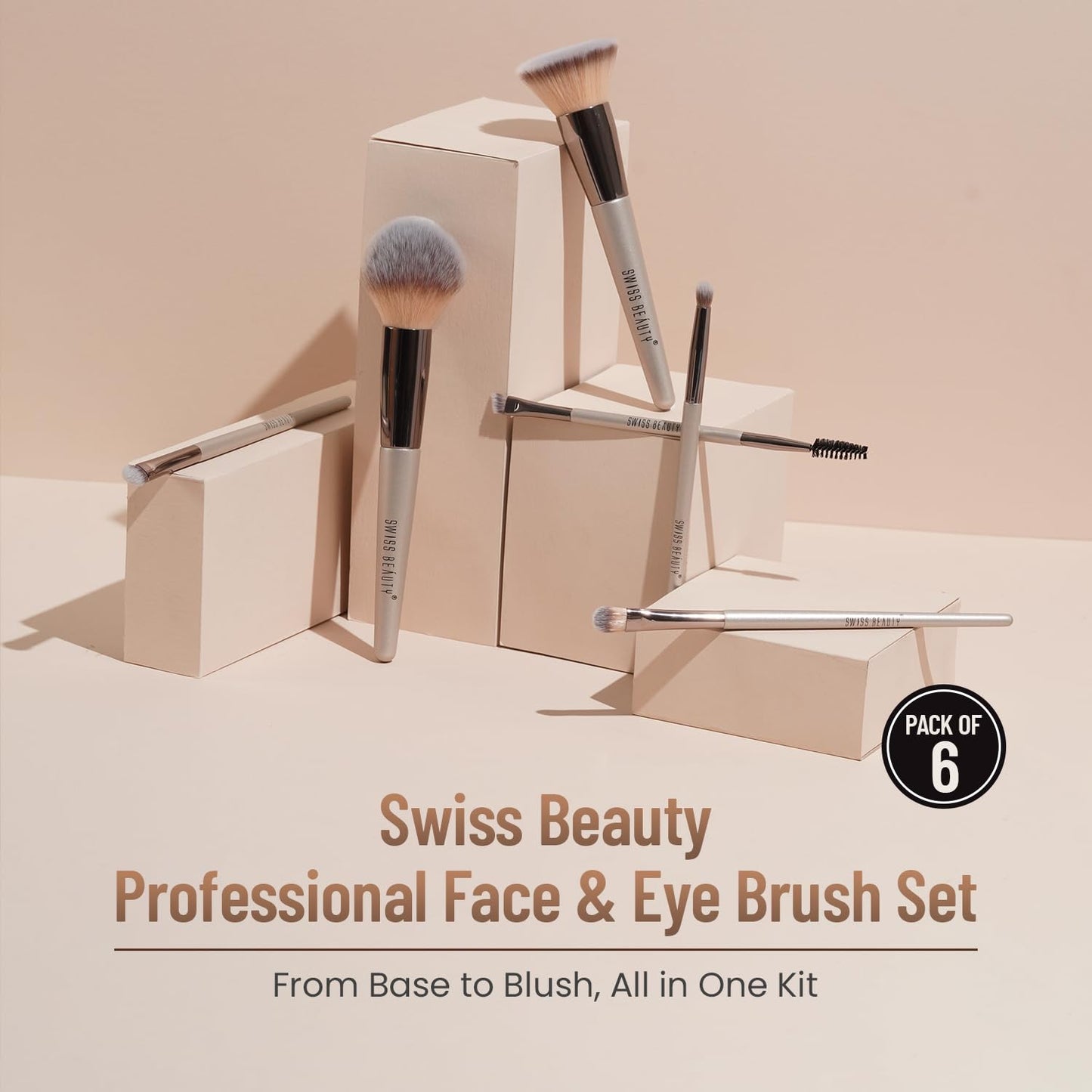 Swiss Beauty Premium Synthetic Bristle Professional Face & Eye Makeup Brushes Set With 6 Makeup Brushes For Cream, Liquid & Powder Formulation