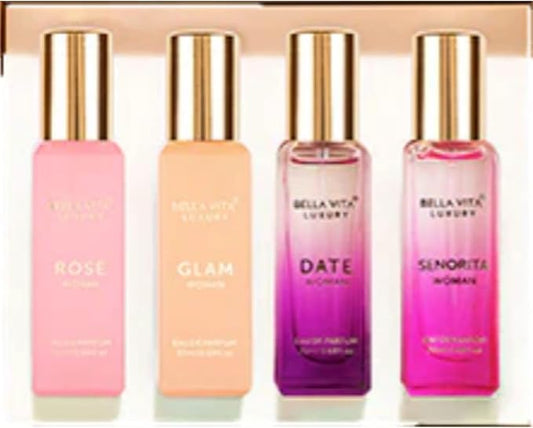 Bella Vita Luxury Woman Eau De Parfum Gift Set 4x20 ml for Women with Date, Senorita, Glam, Rose Perfume|Floral, Fruity Long Lasting EDP Fragrance Scent