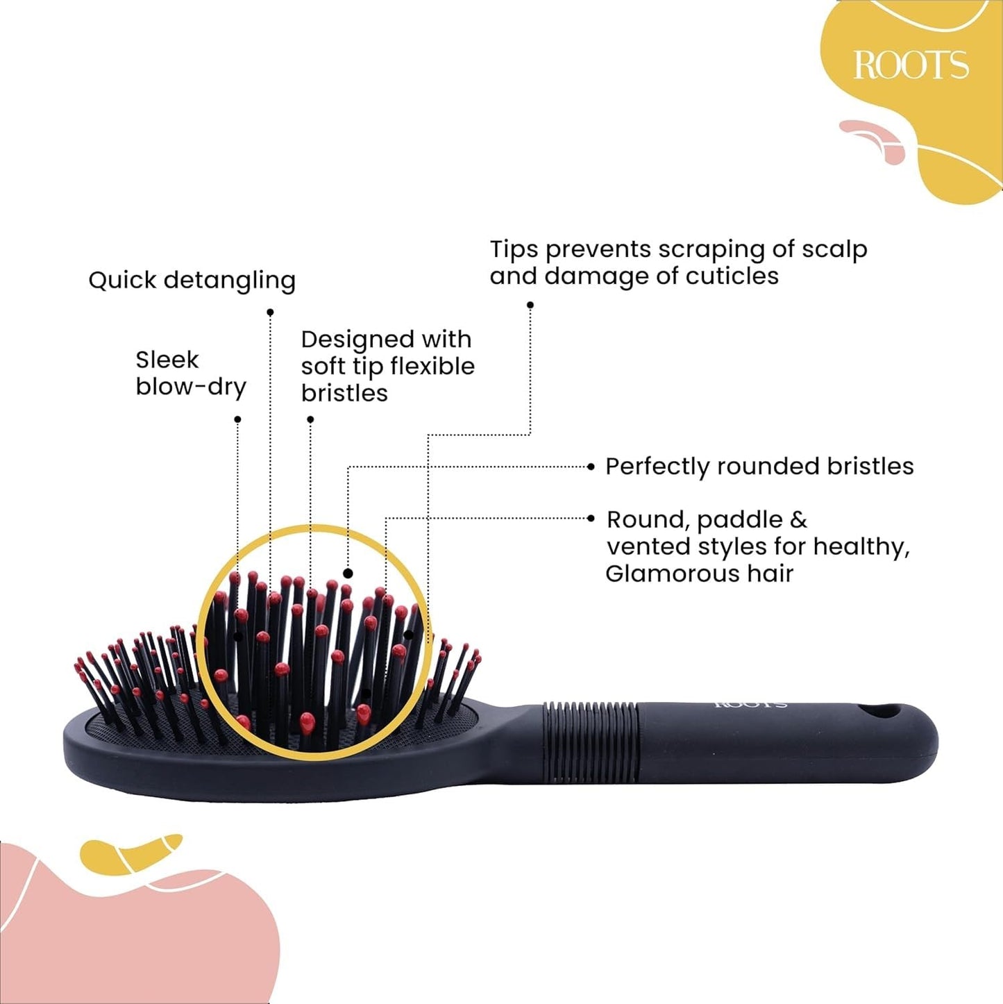 ROOTS Truglam Black Round Paddle Hair Brush | Soft Tip Flexible Bristles | Prevent Scalp Scraping & Cuticle Damage | Quick Detangling Length - 9.44 Inch, Model No - 9551B2