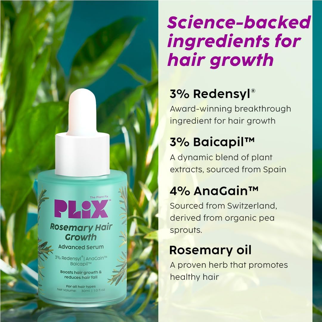 Plix Rosemary Hair Growth Serum with 3% Redensyl, 4% AnaGain, 3% Baicapil, 30 ml | Stimulates Hair Growth, Increase Hair Density & Thickens Hair