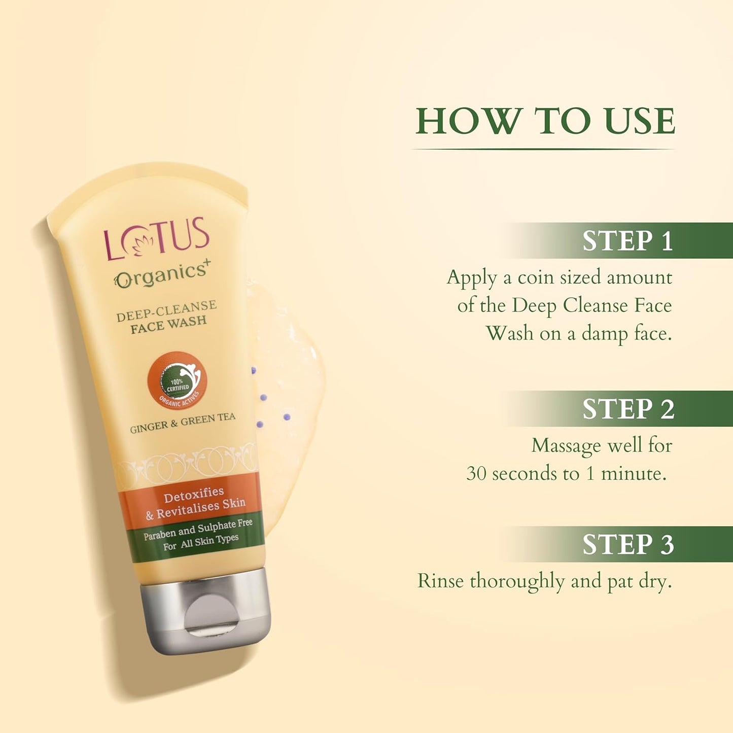 Lotus Organics + Deep Cleanse Face Wash for Women & Men, 100% Certified Organic Green Tea & Ginger | Controls Acne & Prevents Breakouts | Reduces Inflammation, Suitable for Sensitive, Normal, Dry & Oily Skin | 80g