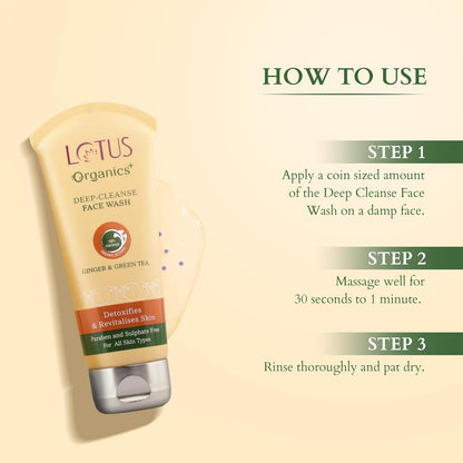 Lotus Organics + Deep Cleanse Face Wash for Women & Men, 100% Certified Organic Green Tea & Ginger | Controls Acne & Prevents Breakouts | Reduces Inflammation, Suitable for Sensitive, Normal, Dry & Oily Skin | 80g