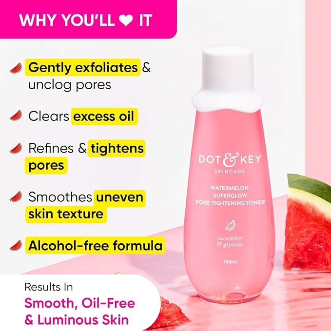 DOT & KEY Watermelon Superglow Pore Tightening Toner|Face Toner For Glowing Skin|Glycolic Toner For Open Pores Tightening|Alcohol Free, Toner For Uneven Skin Tone