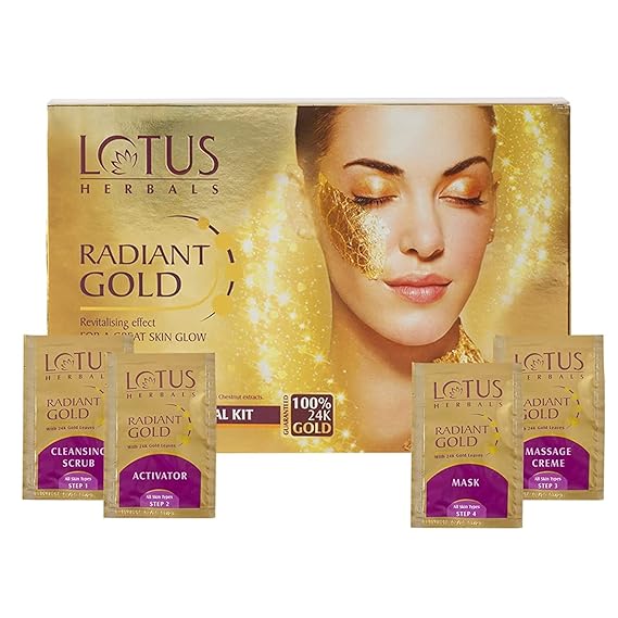 Lotus Herbals Radiant Gold Cellular Glow 1 Facial Kit | With 24K Gold leaves | For Skin Glow | All Skin Types | 37g