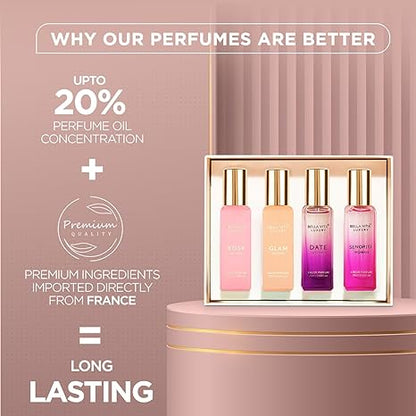 Bella Vita Luxury Woman Eau De Parfum Gift Set 4x20 ml for Women with Date, Senorita, Glam, Rose Perfume|Floral, Fruity Long Lasting EDP Fragrance Scent