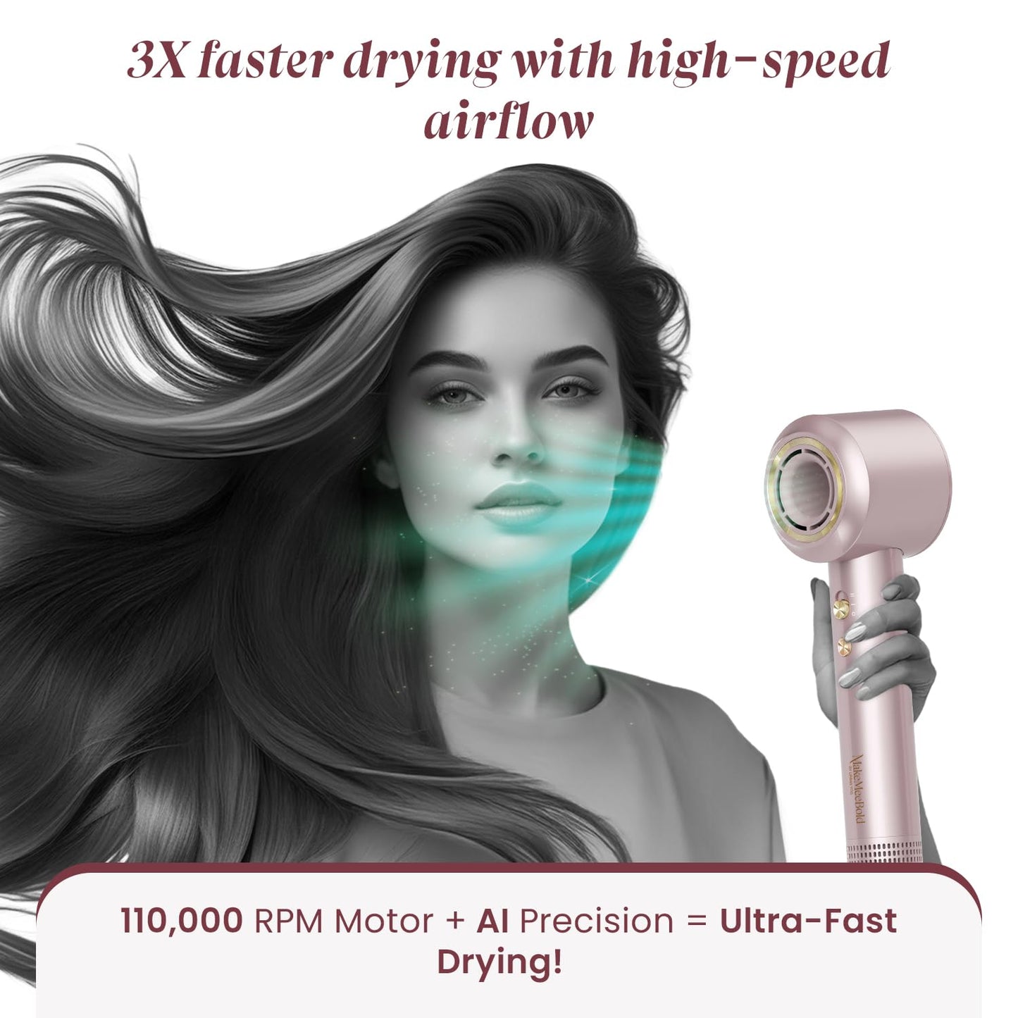 MakeMeebold Make Mee Bold Swift High-Speed Hair Dryer | 110,000 RPM Motor | 3X Faster Drying | 4 Modes with AI Smart Heat Control | Lightweight & Quiet Hair Dryer with Magnetic Concentrator
