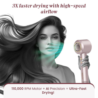 MakeMeebold Make Mee Bold Swift High-Speed Hair Dryer | 110,000 RPM Motor | 3X Faster Drying | 4 Modes with AI Smart Heat Control | Lightweight & Quiet Hair Dryer with Magnetic Concentrator
