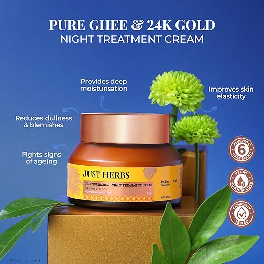 Just Herbs 24K Gold with Pure Ghee Deep Nourish Night Cream for Anti Ageing 50gm