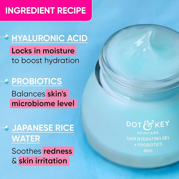 DOT & KEY 72Hr Hydrating Gel + Probiotics Moisturizer For Face With Hyaluronic Acid, Kombucha & Rice Water Lightweight Gel Oil Free Moisturizer