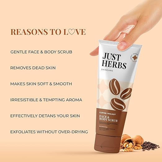 Just Herbs Coffee Body Scrub Walnut Exfoliating Detan Face & Body Scrub for Blackheads, Whiteheads, Removes Tanning & Glowing Skin - For Men & Women 100 Ml