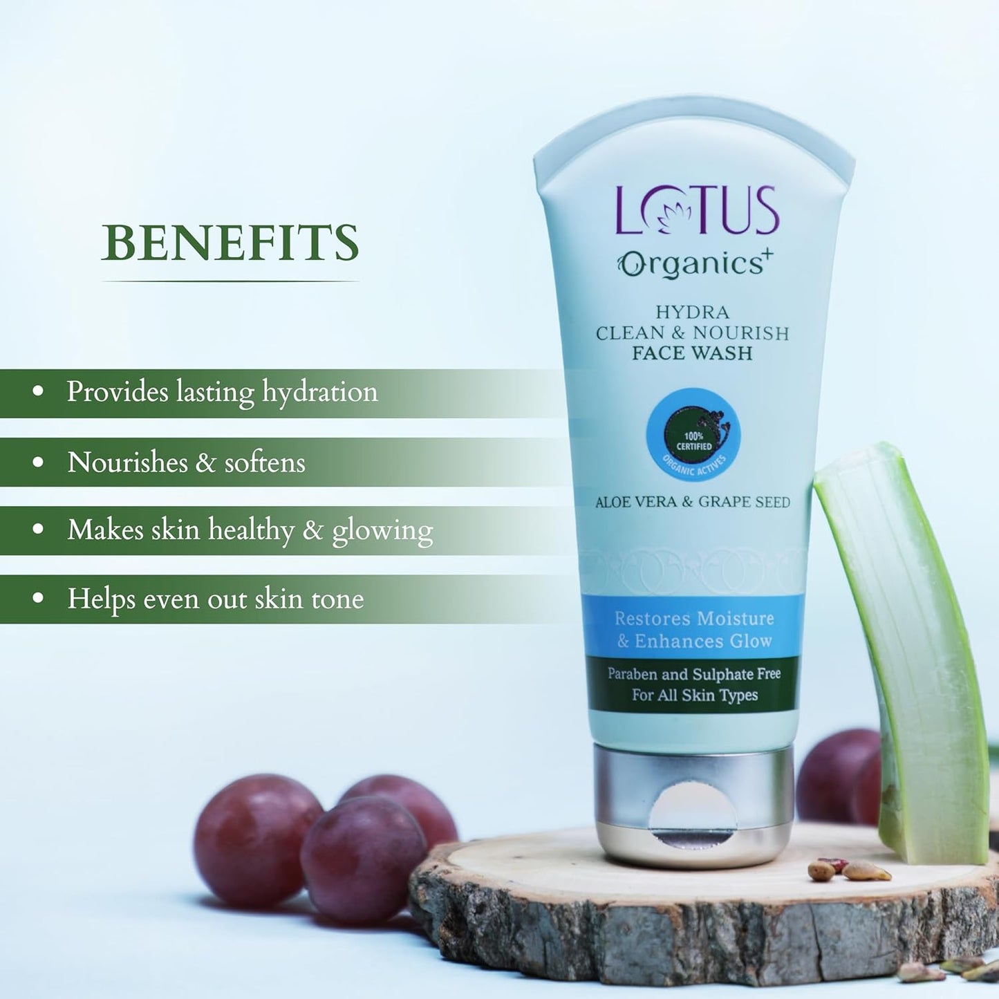 Lotus Organics+ Hydra Clean & Nourish Face Wash for Women & Men | 100% Certified Organic Aloe Vera & Grape Seed | Provides All-day Hydration | Prevents Dryness 80gm