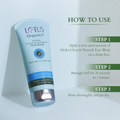 Lotus Organics+ Hydra Clean & Nourish Face Wash for Women & Men | 100% Certified Organic Aloe Vera & Grape Seed | Provides All-day Hydration | Prevents Dryness 80gm