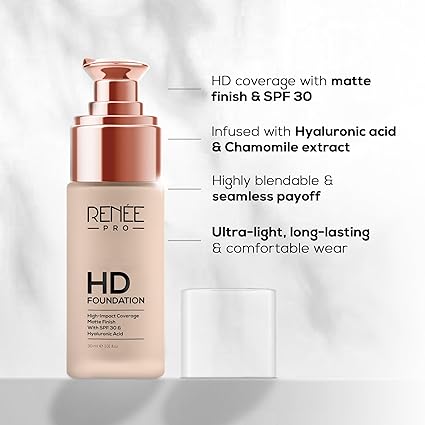 RENEE PRO HD Full Coverage Liquid All Skin Typ Foundation - Birch, Seamless HD Coverage with Matte Finish