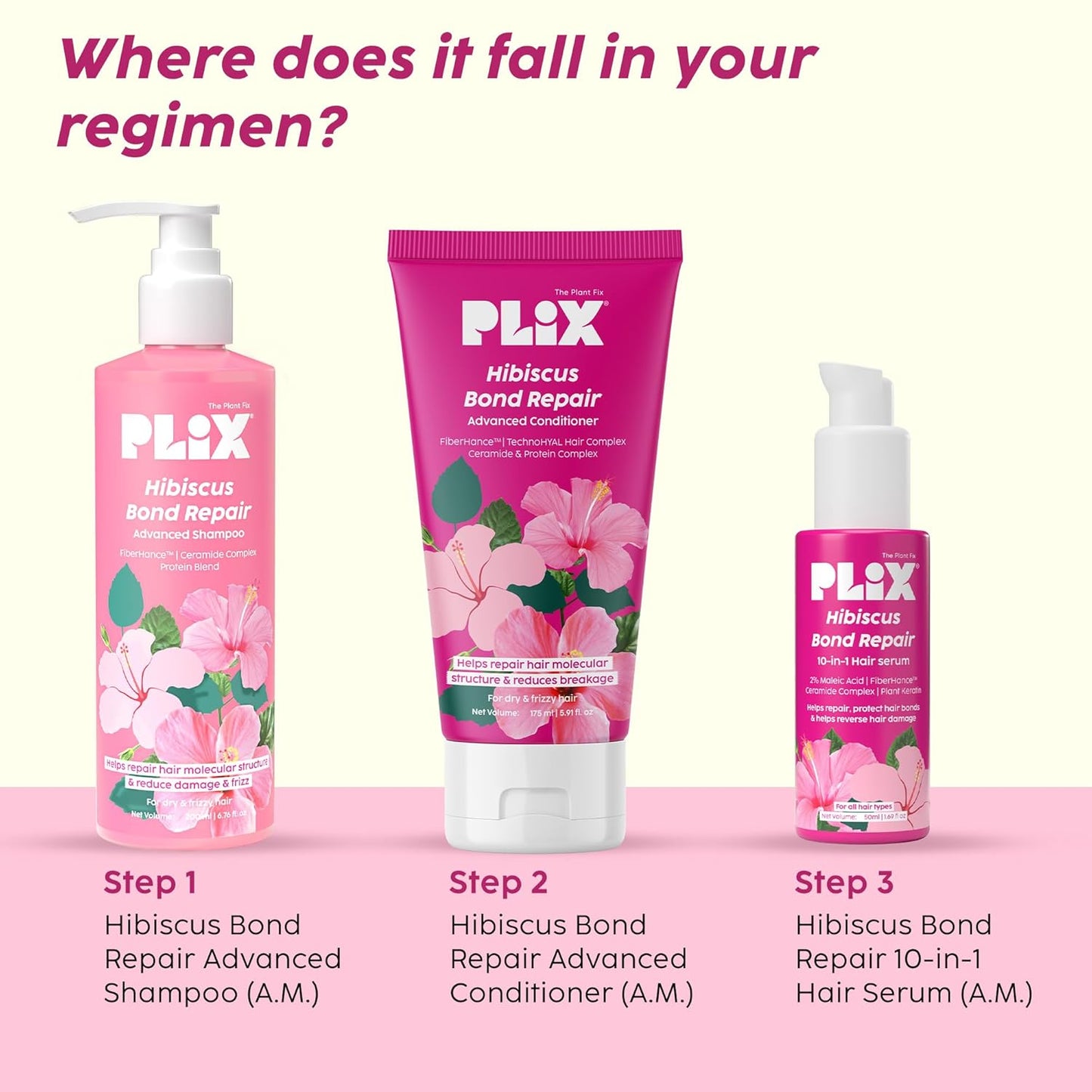 Plix Hibiscus Bond Repair Advanced Conditioner | Repairs Hair Molecular Structure & Reduces Breakage With Fiberhance & Technohyal Hair Complex | 175Ml