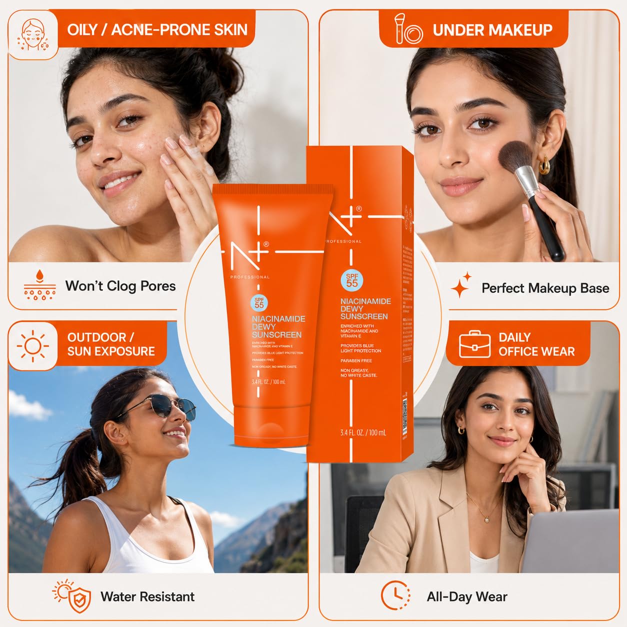 N+ Sunscreen Cream with spf 55 + Niacinamide Dewy + Vitamin E, Non-Greasy, No white caste