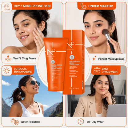 N+ Sunscreen Cream with spf 55 + Niacinamide Dewy + Vitamin E, Non-Greasy, No white caste